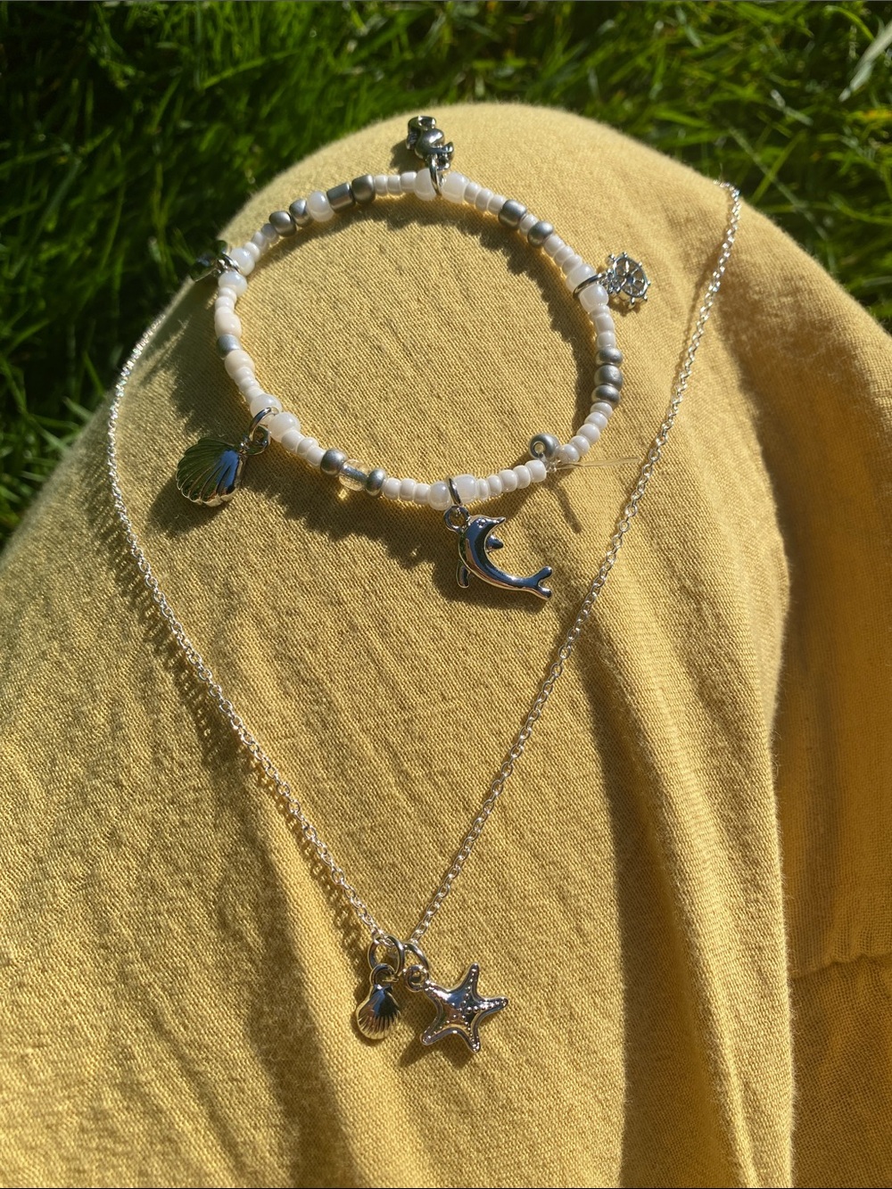 Handmade Silver Charm Beaded Bracelet with Shell and Starfish Silver Necklace
